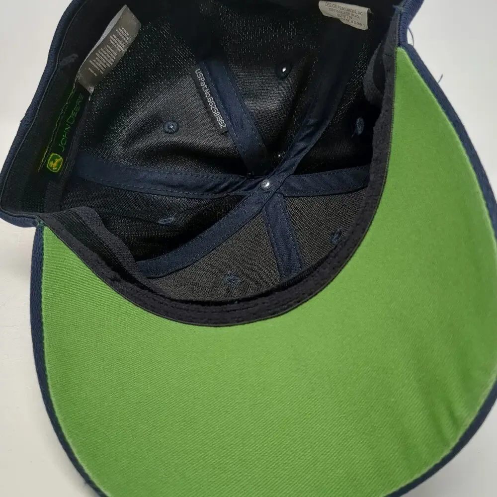 John Deere Baseball Cap Blue One Size Fitted Green Piping Logo Agriculture Hat